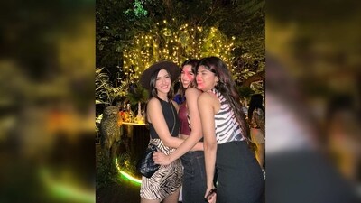 Khushi Kapoor, on the other hand, rocked the street look in a maroon halter bodysuit featuring a plunging neckline and charcoal straight-cut denim. (Instagram/@shanayakapoor02) Khushi Kapoor, on the other hand, rocked the street look in a maroon halter bodysuit featuring a plunging neckline and charcoal straight-cut denim. (Instagram/@shanayakapoor02)