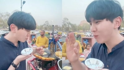 The image, taken from the video, captures the reaction of the Korean blogger who tried pani puri for the first time. (Instagram/@k_ladka_official) The image, taken from the video, captures the reaction of the Korean blogger who tried pani puri for the first time. (Instagram/@k_ladka_official)