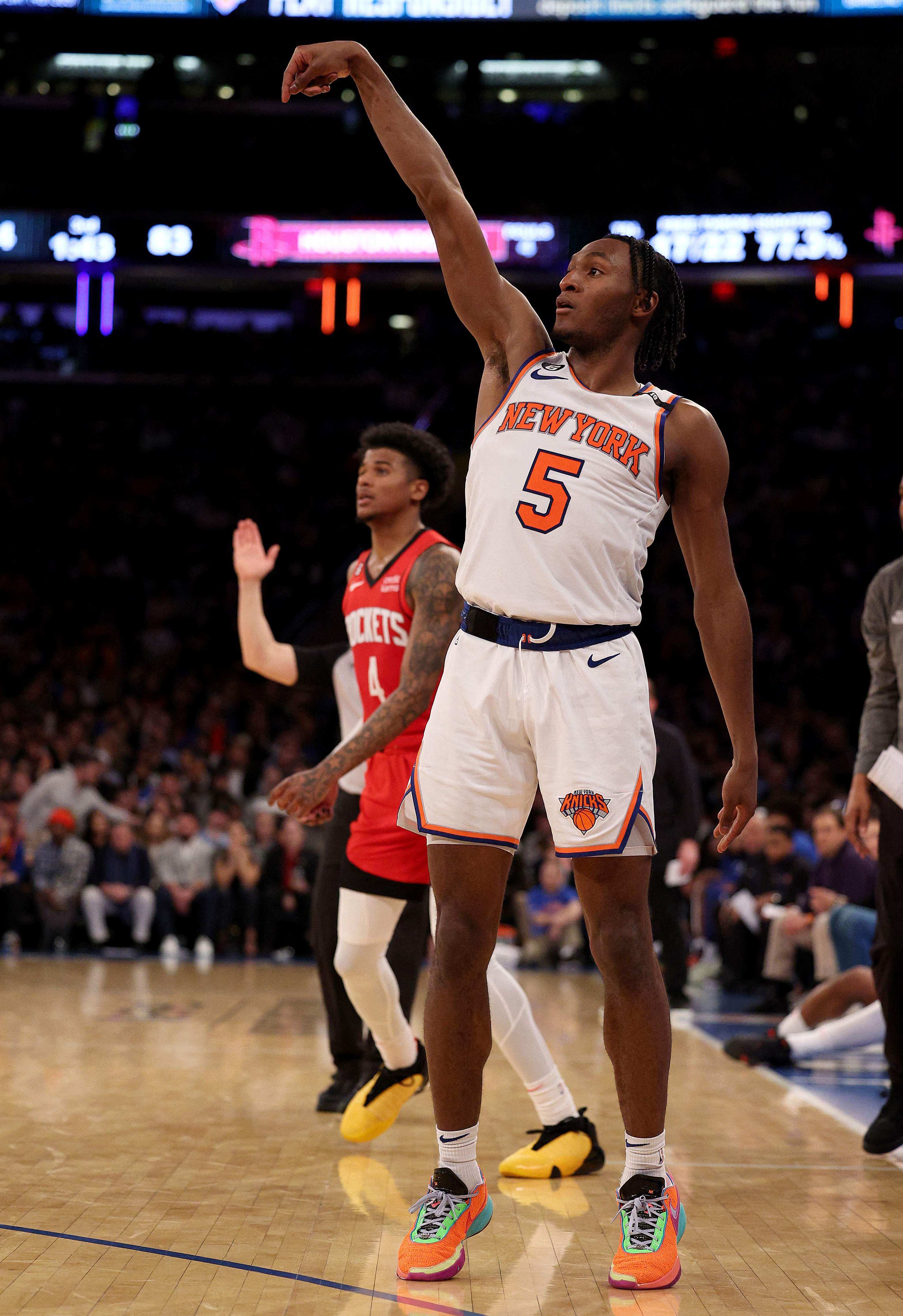 NEW YORK, NEW YORK - MARCH 27: Immanuel Quickley #5 of the New York Knicks celebrates his three point shot in the fourth quarter against the New York Knicks at Madison Square Garden on March 27, 2023 in New York City. The New York Knicks defeated the Houston Rockets 137-115. NOTE TO USER: User expressly acknowledges and agrees that, by downloading and or using this photograph, User is consenting to the terms and conditions of the Getty Images License Agreement. Elsa/Getty Images/AFP (Photo by ELSA / GETTY IMAGES NORTH AMERICA / Getty Images via AFP) (Getty Images via AFP) NEW YORK, NEW YORK - MARCH 27: Immanuel Quickley #5 of the New York Knicks celebrates his three point shot in the fourth quarter against the New York Knicks at Madison Square Garden on March 27, 2023 in New York City. The New York Knicks defeated the Houston Rockets 137-115. NOTE TO USER: User expressly acknowledges and agrees that, by downloading and or using this photograph, User is consenting to the terms and conditions of the Getty Images License Agreement. Elsa/Getty Images/AFP (Photo by ELSA / GETTY IMAGES NORTH AMERICA / Getty Images via AFP) (Getty Images via AFP)