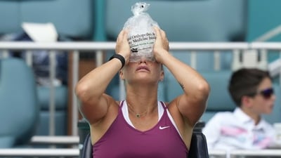 Aryna Sabalenka cools off between sets against Sorana Cirstea of Romania during the Miami Open tennis tournament (AP) Aryna Sabalenka cools off between sets against Sorana Cirstea of Romania during the Miami Open tennis tournament (AP)