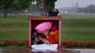 Street vendors take shelter with a dog near Kartavya Path in Delhi (Vipin Kumar/Hindustan Times) Street vendors take shelter with a dog near Kartavya Path in Delhi (Vipin Kumar/Hindustan Times)
