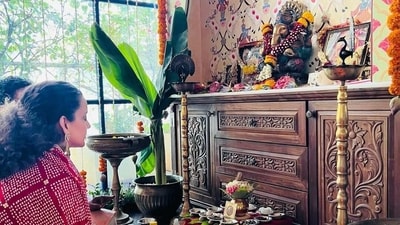 Kangana Ranaut was decked up in ethnic outfit for the pooja. Kangana Ranaut was decked up in ethnic outfit for the pooja. 
