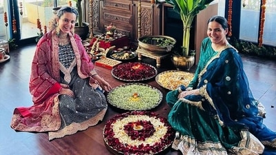 Kangana Ranaut was joined by her sister-in-law in one of the Diwali photos taken at the actor's Mumbai home that was decorated with flowers for the festival. Kangana Ranaut was joined by her sister-in-law in one of the Diwali photos taken at the actor's Mumbai home that was decorated with flowers for the festival. 