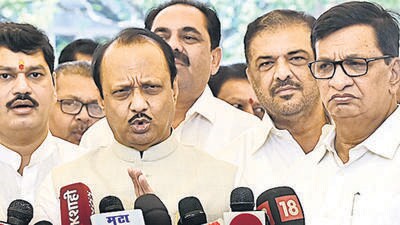 Mumbai, India - March 20, 2023: Leader of Opposition Ajit Pawar addressing the media, during the Maharashtra Budget Session, at Vidhan Bhavan, Nariman Point, in Mumbai, India, on Monday, March 20, 2023. (Photo by Anshuman Poyrekar/ Hindustan Times) (Anshuman Poyrekar/HT PHOTO) Mumbai, India - March 20, 2023: Leader of Opposition Ajit Pawar addressing the media, during the Maharashtra Budget Session, at Vidhan Bhavan, Nariman Point, in Mumbai, India, on Monday, March 20, 2023. (Photo by Anshuman Poyrekar/ Hindustan Times) (Anshuman Poyrekar/HT PHOTO)