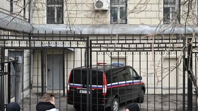 Cars are seen parked in the yard of the Lefortovsky court, which is reportedly set to hold a remand hearing into the case against Evan Gershkovich. (AFP) Cars are seen parked in the yard of the Lefortovsky court, which is reportedly set to hold a remand hearing into the case against Evan Gershkovich. (AFP)