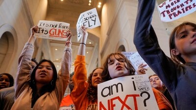 Protesters gather inside the Tennessee State Capitol to call for an end to gun violence and support stronger gun laws after a deadly shooting at the Covenant School in Nashville, Tennessee, US. (REUTERS)