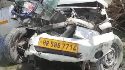 The damaged pick-up truck in which the victims were travelling. (HT Photo)