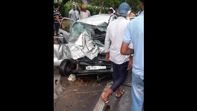 The mangled remains of one the cars involved in the accident. (HT Photo)