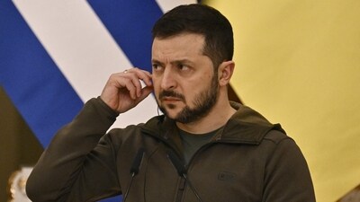 Ukraine's President Volodymyr Zelensky giving speech. (AFP) Ukraine's President Volodymyr Zelensky giving speech. (AFP)