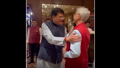 Union ministers Piyush Goyal and S Jaishankar caught in Candid moment during an event in Delhi. (source:Twitter/@PiyushGoyal) Union ministers Piyush Goyal and S Jaishankar caught in Candid moment during an event in Delhi. (source:Twitter/@PiyushGoyal)