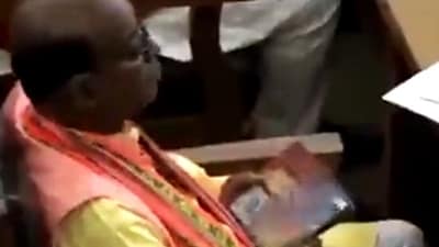 Tripura MLA Jadav Lal Nath sitting in the state assembly session (Twitter) Tripura MLA Jadav Lal Nath sitting in the state assembly session (Twitter)