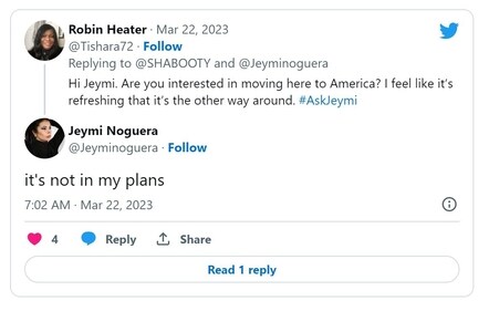 Jeymi Noguera's tweet on her plans to moving to US. Jeymi Noguera's tweet on her plans to moving to US.