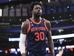 New York Knicks forward Julius Randle grimaces as he leaves the court after being injured in the first half of an NBA basketball game against the Miami Heat, Wednesday, March 29, 2023, at Madison Square Garden in New York. New York Knicks forward Julius Randle grimaces as he leaves the court after being injured in the first half of an NBA basketball game against the Miami Heat, Wednesday, March 29, 2023, at Madison Square Garden in New York.