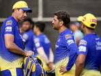 Chennai Super Kings' captain MS Dhoni with team coach Stephen Fleming during a practice session