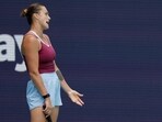 Aryna Sabalenka reacts after losing a point against Sorana Cirstea (ROU)