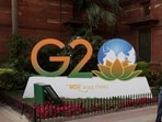 G20 logo outside the finance ministry in New Delhi, India.