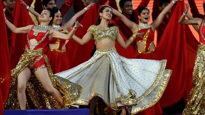 Rashmika Mandanna (C) performs for the opening ceremony. (AFP) Rashmika Mandanna (C) performs for the opening ceremony. (AFP)
