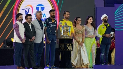 The event ended with MS Dhoni and Hardik Pandya coming to the stage in chariots and then posing for a photograph with the IPL trophy, alongwith Jay Shah, Arun Dhumal and the performers. (AP) The event ended with MS Dhoni and Hardik Pandya coming to the stage in chariots and then posing for a photograph with the IPL trophy, alongwith Jay Shah, Arun Dhumal and the performers. (AP)