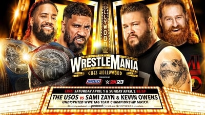 Kevin Owens and Sami Zayn will square off against The Usos for the Undisputed WWE Tag Team title on night one of the WrestleMania 39 on Saturday, April 1. (Twitter) Kevin Owens and Sami Zayn will square off against The Usos for the Undisputed WWE Tag Team title on night one of the WrestleMania 39 on Saturday, April 1. (Twitter)