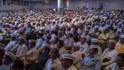 Mumbai, India - March 31, 2023: Around 4000 retired police constables gathered for a general body meeting regarding a private housing scheme planned a decade ago and still waiting for their houses. The constables paid more than a lakh and the organisation had purchased 1.20 lakh acres of land in Vayal, Khalapur from the collected money, at Shanmukhananda Hall, Sion, in Mumbai, India, on Friday, March 31, 2023. (Photo by Satish Bate/Hindustan Times) (Satish Bate/HT PHOTO) Mumbai, India - March 31, 2023: Around 4000 retired police constables gathered for a general body meeting regarding a private housing scheme planned a decade ago and still waiting for their houses. The constables paid more than a lakh and the organisation had purchased 1.20 lakh acres of land in Vayal, Khalapur from the collected money, at Shanmukhananda Hall, Sion, in Mumbai, India, on Friday, March 31, 2023. (Photo by Satish Bate/Hindustan Times) (Satish Bate/HT PHOTO)