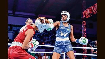 Nitu Ghanghas (in blue) at the IBA Women’s World Boxing Championships. She strikes like a hornet whose nest has been disturbed. (ANI) Nitu Ghanghas (in blue) at the IBA Women’s World Boxing Championships. She strikes like a hornet whose nest has been disturbed. (ANI)