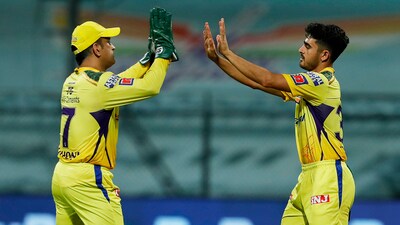 Mukesh Choudhary of the Chennai Super Kings celebrates after picking a wicket with MS Dhoni (IPL) Mukesh Choudhary of the Chennai Super Kings celebrates after picking a wicket with MS Dhoni (IPL)