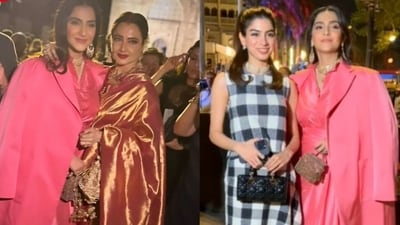 Rekha, Sonam Kapoor, Khushi Kapoor posed for the paparazzi. Rekha, Sonam Kapoor, Khushi Kapoor posed for the paparazzi.