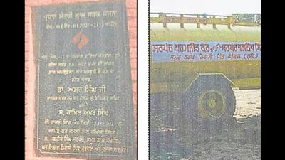 The plaque for a development work; and (right) a water tanker mentioning the woman sarpanch’s husband as the head of Rattowal village. (HT Photos) The plaque for a development work; and (right) a water tanker mentioning the woman sarpanch’s husband as the head of Rattowal village. (HT Photos)