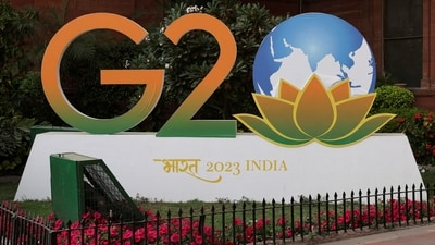 G20 logo outside the finance ministry in New Delhi, India. (Reuters)