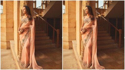 Here's a picture of Mira looking stunning in a pastel pink georgette saree with zari work at the borders, teamed with a sleeveless sequined blouse. (Instagram/@mira.kapoor) Here's a picture of Mira looking stunning in a pastel pink georgette saree with zari work at the borders, teamed with a sleeveless sequined blouse. (Instagram/@mira.kapoor)