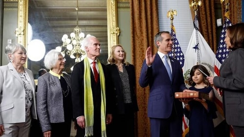 Swearing in of Eric Garcetti as Ambassador to India by Vice President Kamala Harris on March 24. Swearing in of Eric Garcetti as Ambassador to India by Vice President Kamala Harris on March 24.