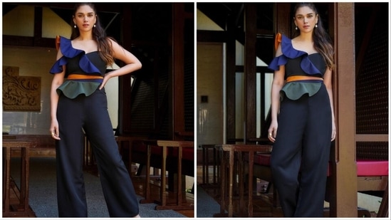 Aditi Rao Hydari, who is awaiting the release of her upcoming film Jubilee, recently stepped out to promote her film in a stunning multi-coloured jumpsuit.&nbsp;(Instagram/@aditiraohydari)