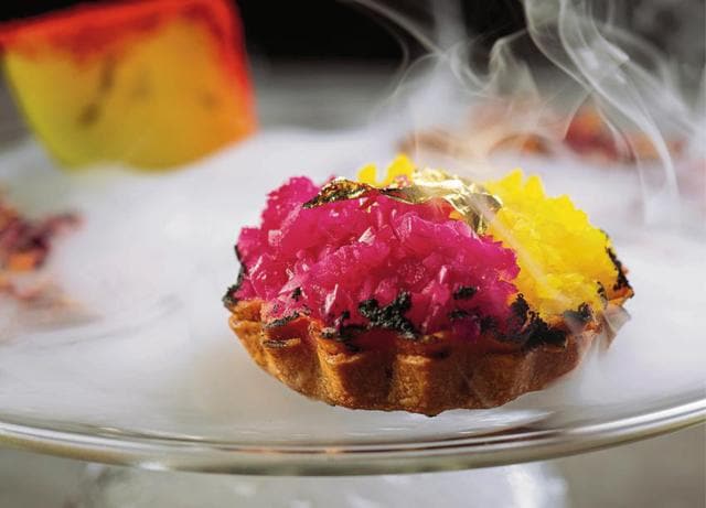 Ahara’s uncooked Wagyu shaami tartlet is topped with pickled shallots and takuan. (Ahara) Ahara’s uncooked Wagyu shaami tartlet is topped with pickled shallots and takuan. (Ahara)