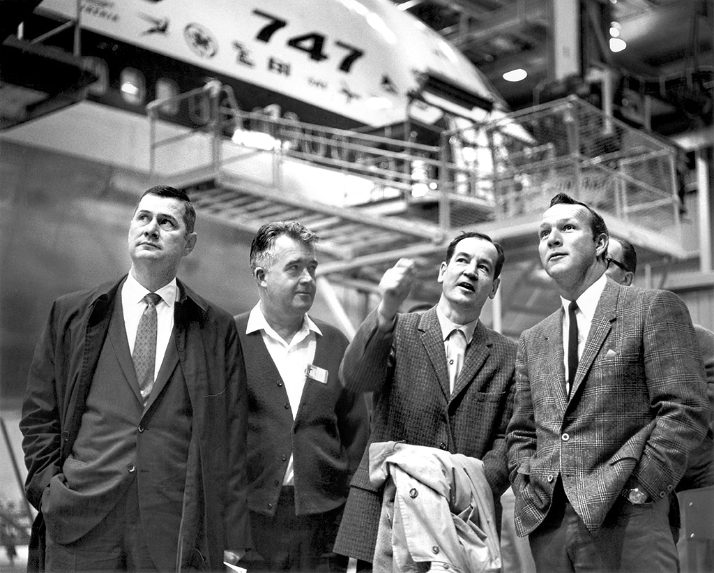 EH Boullioun, then a VP and GM at Boeing; George Nible, director of operations at the Everett plant; chief engineer Joe Sutter; and golfer and aviator Arnold Palmer, at the US plant in the 1970s. (Boeing) EH Boullioun, then a VP and GM at Boeing; George Nible, director of operations at the Everett plant; chief engineer Joe Sutter; and golfer and aviator Arnold Palmer, at the US plant in the 1970s. (Boeing)