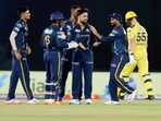 Gujarat Titans's Rashid Khan celebrates the dismissal of Chennai Super Kings's Ben Stokes during their match in the IPL 2023