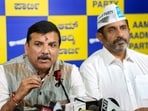 AAP MP Sanjay Singh and Karnataka AAP President Prithvi Reddy addressing a press conference in Bengaluru.