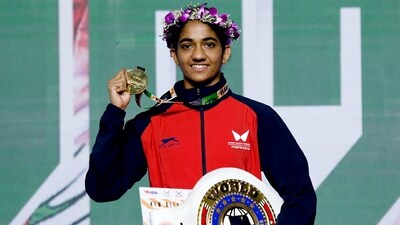 Nitu Ghanghas poses for a photo with a Gold medal after she won her 45-48kg category final match at the 2023 IBA Women's Boxing World Championships, in New Delhi (BFI) Nitu Ghanghas poses for a photo with a Gold medal after she won her 45-48kg category final match at the 2023 IBA Women's Boxing World Championships, in New Delhi (BFI)