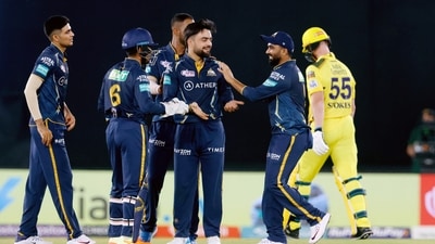 Gujarat Titans's Rashid Khan celebrates the dismissal of Chennai Super Kings's Ben Stokes during their match in the IPL 2023 (IPL Twitter) Gujarat Titans's Rashid Khan celebrates the dismissal of Chennai Super Kings's Ben Stokes during their match in the IPL 2023 (IPL Twitter)