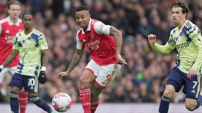 Arsenal's Gabriel Jesus shoots on goal during the English Premier League soccer match between Arsenal and Leeds United at the Emirates Stadium in London, Saturday, April 1, 2023.(AP Photo/Kin Cheung) (AP) Arsenal's Gabriel Jesus shoots on goal during the English Premier League soccer match between Arsenal and Leeds United at the Emirates Stadium in London, Saturday, April 1, 2023.(AP Photo/Kin Cheung) (AP)