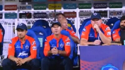 Sourav Ganguly (L) with Ricky Ponting (centre) in DC dugout (Twitter) Sourav Ganguly (L) with Ricky Ponting (centre) in DC dugout (Twitter)