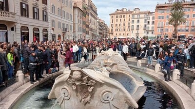 Barcaccia Fountain in Rome after the activists poured black liquid into the water as part of a campaign to raise awareness about climate change. (AFP) Barcaccia Fountain in Rome after the activists poured black liquid into the water as part of a campaign to raise awareness about climate change. (AFP)