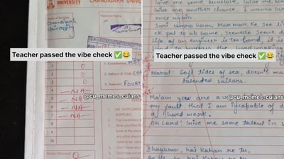 The image, taken from the Instagram video, shows a page where the student has written songs instead of answers. (Instagram/@cu_memes_cuians) The image, taken from the Instagram video, shows a page where the student has written songs instead of answers. (Instagram/@cu_memes_cuians)