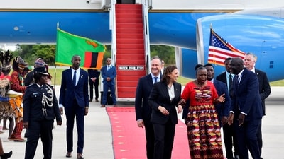 Kamala Harris: Zambia's Vice President Mutale Nalumango leads a welcome reception for US Vice President Kamala Harris. (Reuters)
