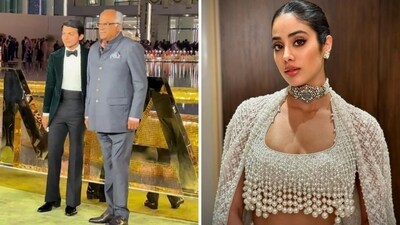 Shikhar Pahariya and Boney Kapoor pose at the NMACC event. Shikhar Pahariya and Boney Kapoor pose at the NMACC event.