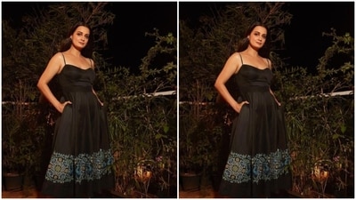 Dia picked the long black dress with corset details and multicoloured printed details below the knees, as she looked stunning as ever. (Instagram/@diamirzaofficial) Dia picked the long black dress with corset details and multicoloured printed details below the knees, as she looked stunning as ever. (Instagram/@diamirzaofficial)