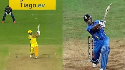MS Dhoni hits a six in GT vs CSK match (left) MS Dhoni hits a six in GT vs CSK match (left)