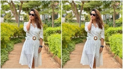 Hina looked stunning as usual in a white shirt dress featuring collars, quarter sleeves, and a white belt at the waist. (Instagram/@realhinakhan) Hina looked stunning as usual in a white shirt dress featuring collars, quarter sleeves, and a white belt at the waist. (Instagram/@realhinakhan)