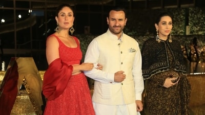 Kareena Kapoor and Saif Ali Khan were joined by Karisma Kapoor at the NMACC event. Kareena was in a red lehenga with a red bow that doubled up as sleeves. Karisma chose a saree for the event. (Varinder Chawla) Kareena Kapoor and Saif Ali Khan were joined by Karisma Kapoor at the NMACC event. Kareena was in a red lehenga with a red bow that doubled up as sleeves. Karisma chose a saree for the event. (Varinder Chawla)