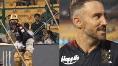Faf du Plessis reacts to Virat Kohli's batting during training. Faf du Plessis reacts to Virat Kohli's batting during training.