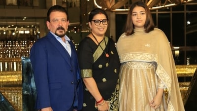 Smriti Irani attended the NMACC launch event with husband Zubin Irani and daughter Zoish Irani. Smriti was in a black saree while Zoish was in a beige anarkali. (Varinder Chawla) Smriti Irani attended the NMACC launch event with husband Zubin Irani and daughter Zoish Irani. Smriti was in a black saree while Zoish was in a beige anarkali. (Varinder Chawla)